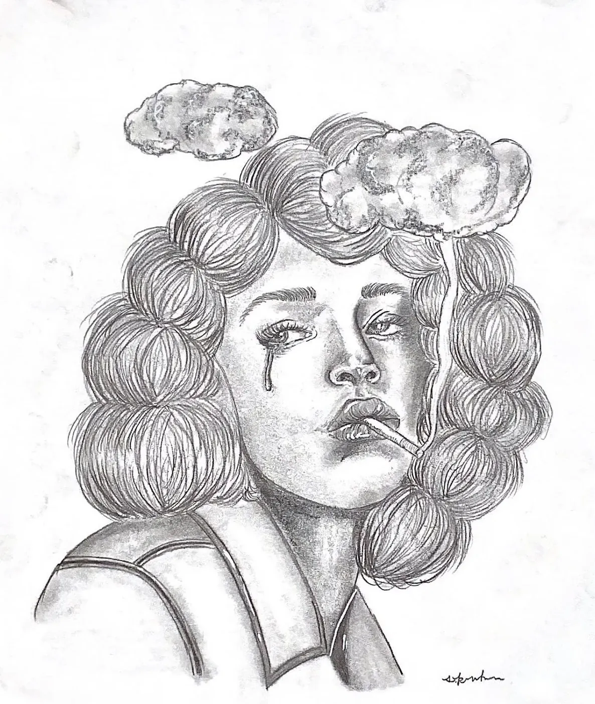 Graphite portrait by Sophie Kroeker of a woman with cloud forms above her hair