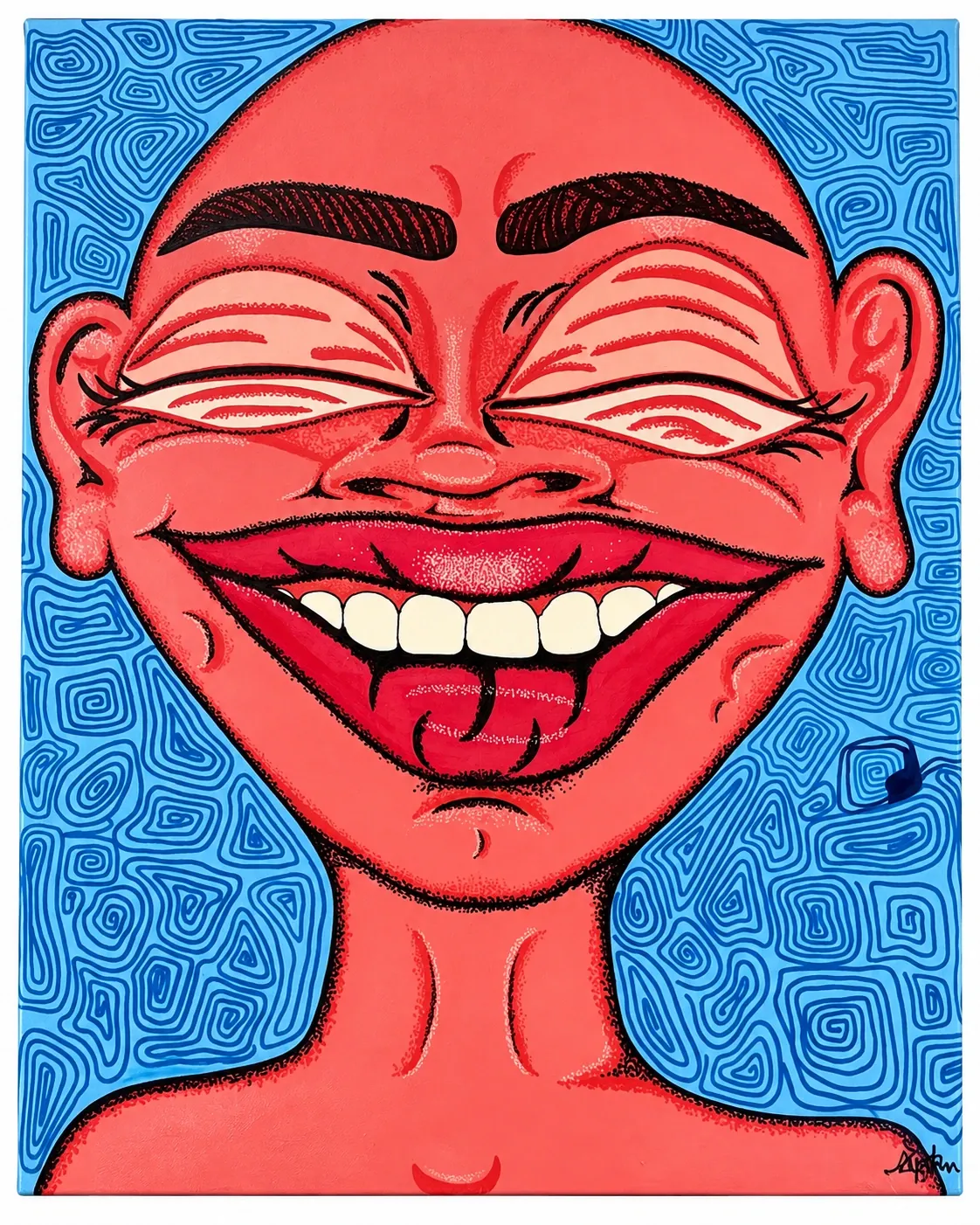 Bright red smiling portrait with a blue patterned background by Sophie Kroeker