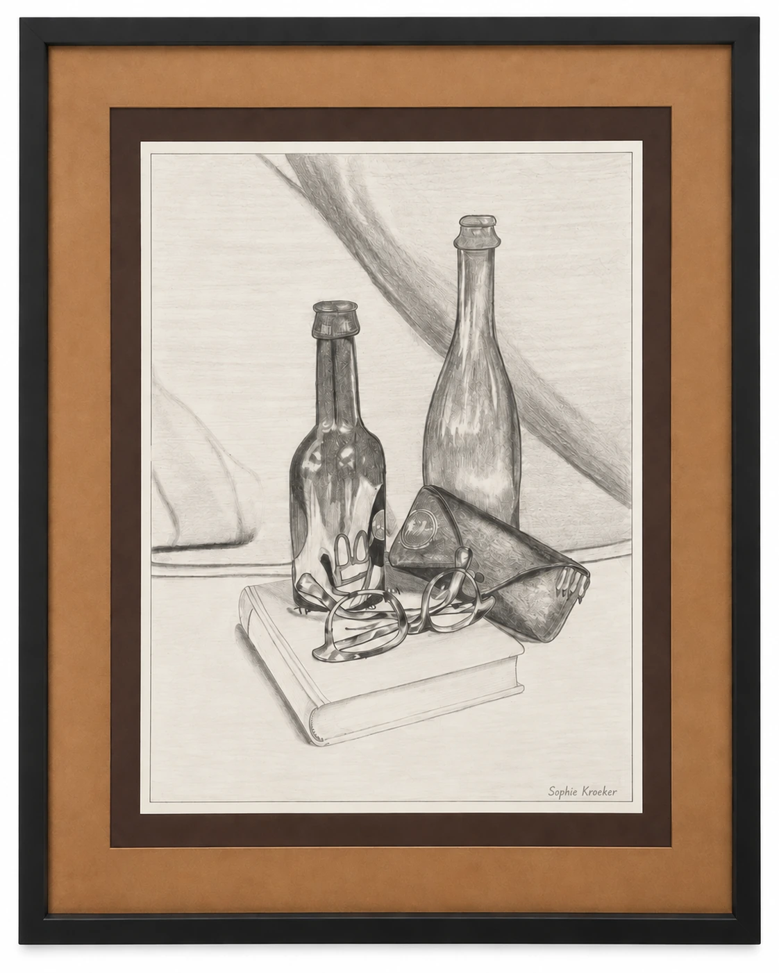 Graphite still life by Sophie Kroeker with bottles, sunglasses and a book